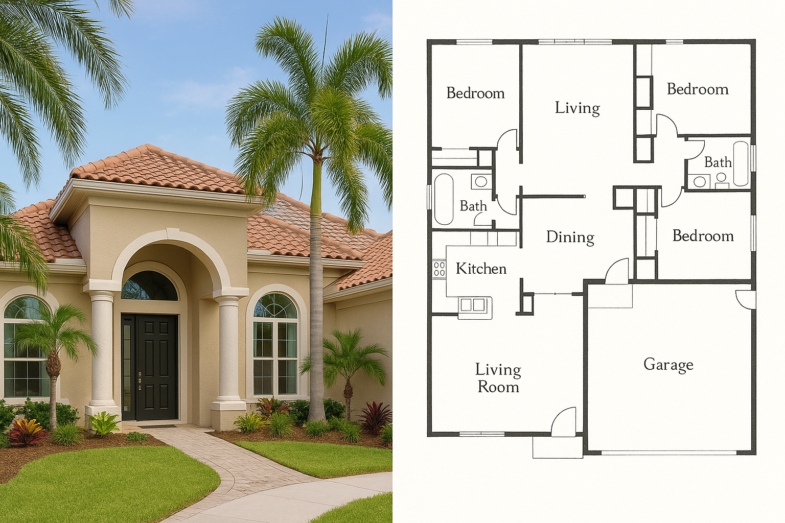 generate new port richey style single family home with floor plan sketch on the side