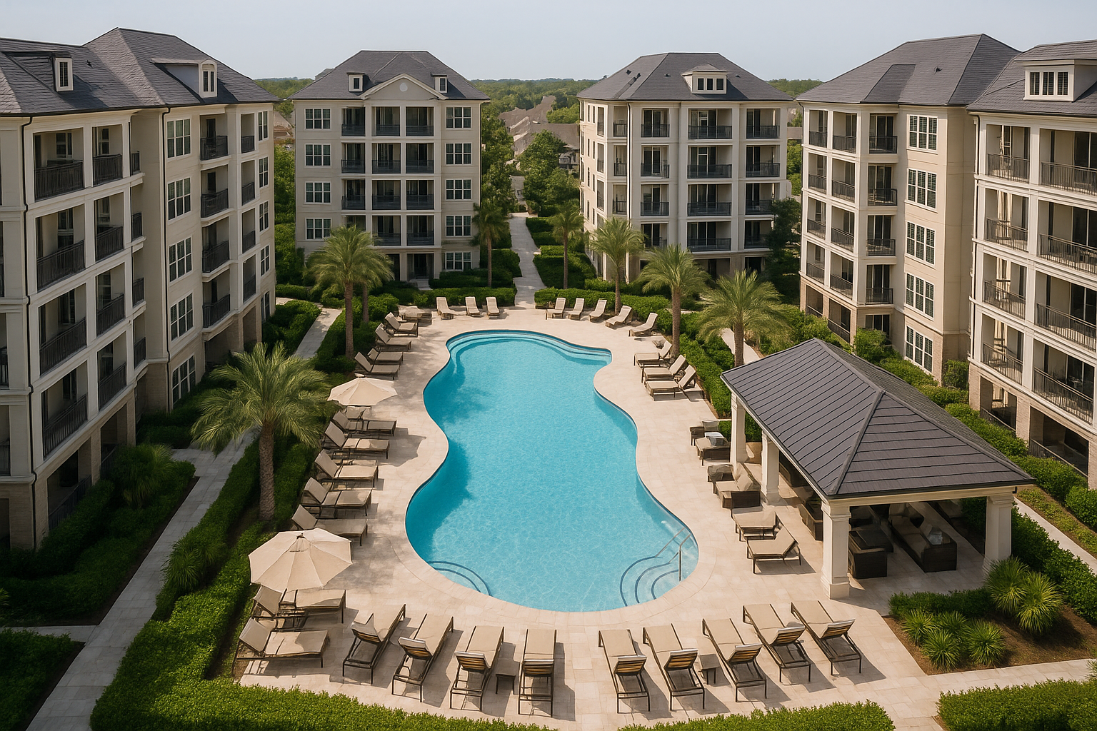 luxury apartment complex in residential area with 5 buildings surrounding a luxury pool area