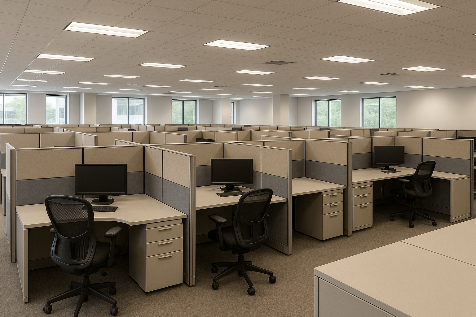 realistic office space with cubicles